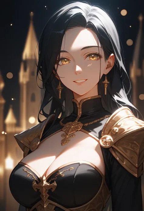 score_9,score_8_up,score_7_up,source_anime,year 2023,1girl,(mature woman),solo,gold and black theme,strong picture,upper body,warm smile,long black hair,black dress,armor,{{{delicate and beautiful golden eye}}},underlighting,bokeh,blurry background,strong ...