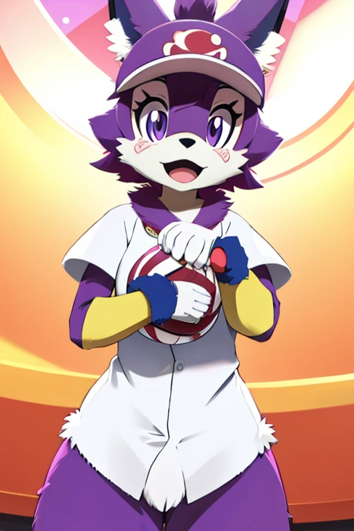 Furry female maroon swallow bird with purple hair alola pokemon sun and moon fursuit mascot baseball style 