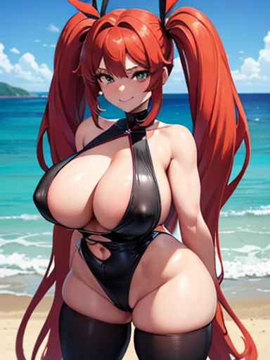 Diane sds ,a giant race girl, long hair with pigtails , looking at the viewer, flirtatious and perverted smile, tiny slingshot, Extravagant big tits and heavy thin waist and wide hips on the beach with the sea in the background 