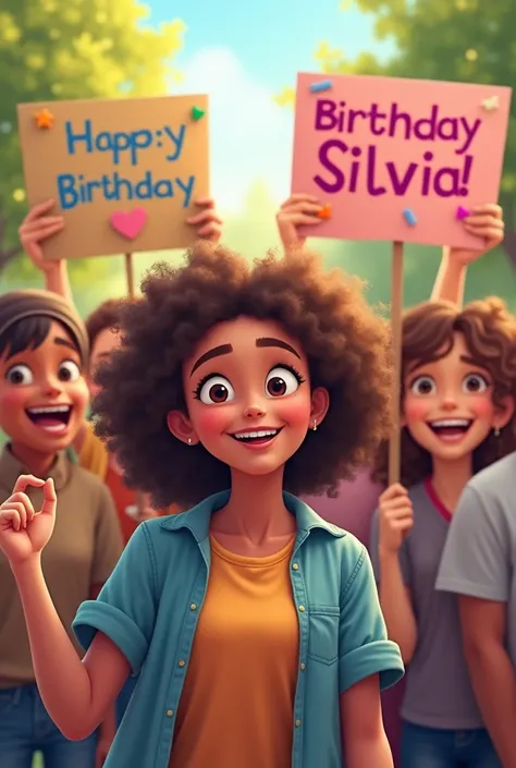 Group of people holding happy birthday silvia signs 