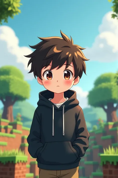 Make A Cute anime boy character wearing (black hoodli with mated Minecraft background