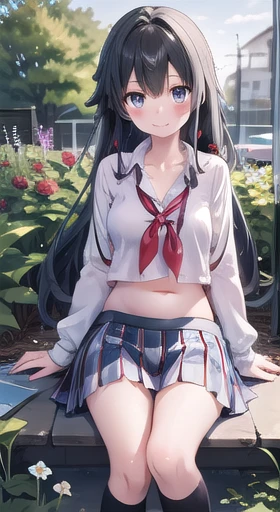 yukino yukinoshita, Long Hair, Cleavage, belly button, Slim legs, Black Hair, blue eyes,  Short skirt, Thigh-high socks, Teen, Happy, school uniform, garden, stomach