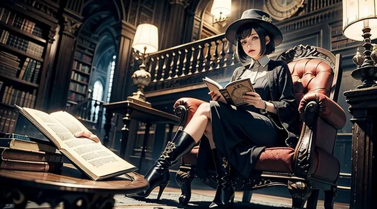 One woman reading a grimoire at a seat in a fantastic library, Black Hat, Black Boots, Black Long Cardigan, White dress, Black hair, Short bob