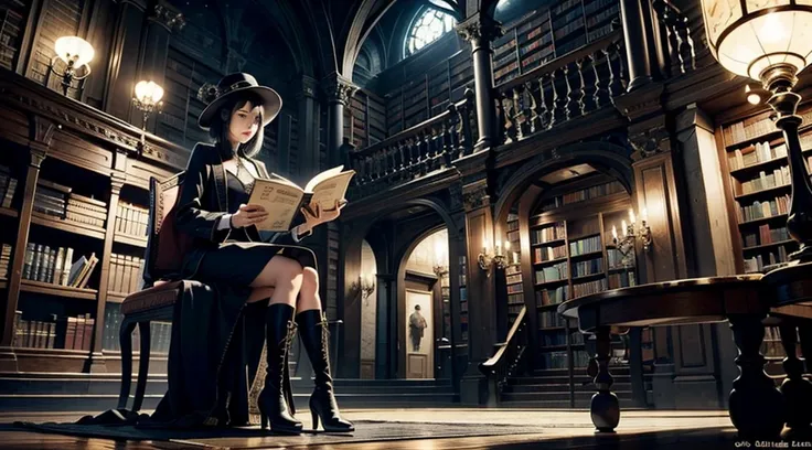 one woman reading a grimoire at a seat in a fantastic library, black hat, black boots, black long cardigan, white dress, black h...