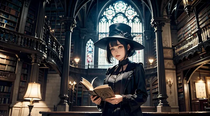 one woman reading a grimoire at a seat in a fantastic library, black hat, black boots, black long cardigan, white dress, black h...