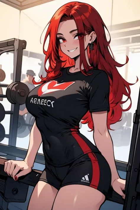 Perfect face. Perfect hands. A red haired woman with red eyes and an hourglass figure in a t-shirt and gym shorts is smiling while leaning forward by the track