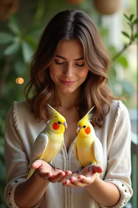 Brunette woman with shoulder length hair with her two cockatiels 