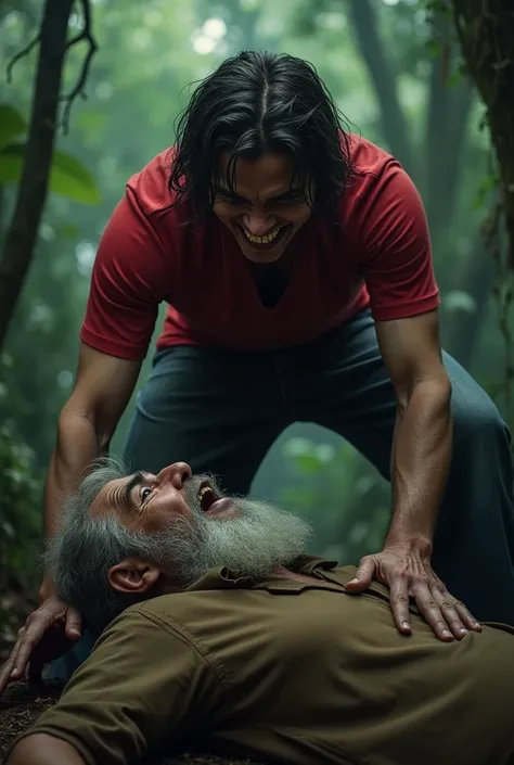  One day a young man with evil laugh in red t-shirts wants to kill and attack a poor old man with small French beard in Brown clothes lay down in the ground in jungle ai image