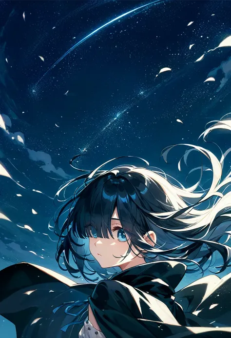 eyes visible through hair / bangs,(hair over one eyes),Long Black Hair、(Beautiful Blue Eyes),Cute Girls、Wearing a black cloak、Hair fluttering in the wind in the night sky