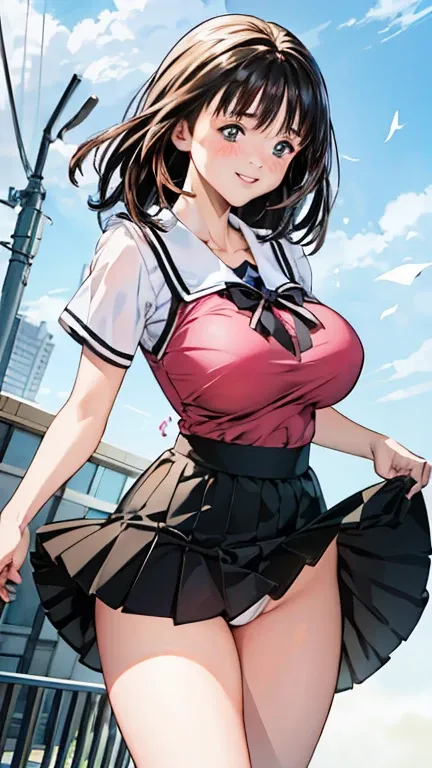 (High resolution),(High resolution),(High resolution),(8k), One person, Yoshizuki_Iori、(((Date))).(((blush))).smile、Browsing Caution、((Large Breasts))、Heart symbol、Color、(((kiss)))、(((mini skirt)))、(((The skirt is blown up by the wind)))