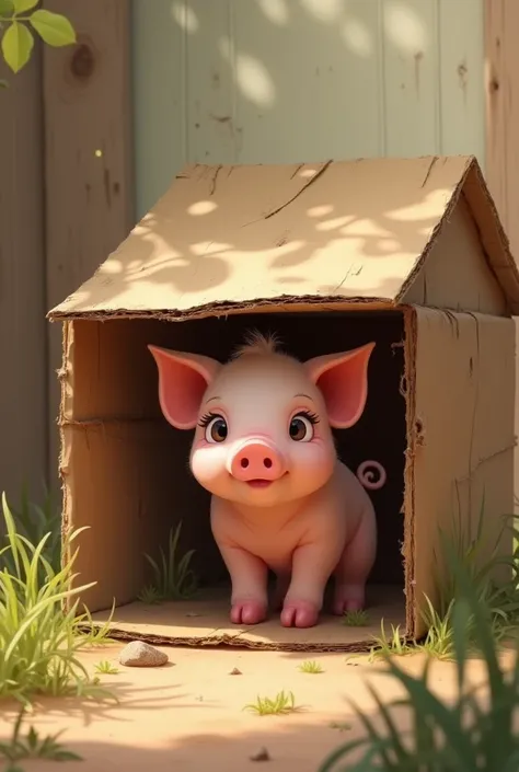 Little pig hiding inside his cardboard house seen from outside 
