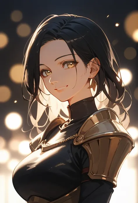 score_9,score_8_up,score_7_up,source_anime,year 2023,1girl,(mature woman),solo,gold and black theme,strong picture,upper body,warm smile,long black hair,black dress,armor,{{{delicate and beautiful golden eye}}},underlighting,bokeh,blurry background,strong ...