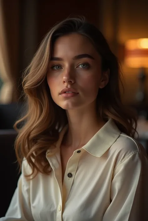 BeLLe brune aux refLets bLonds, PoLo éLégant ,assis dans un restaurant de Luxe , Lumières esthétiques sombres, Très détaiLLé, 22 ans, Visage innocent, NatureaL wavy hair, yeux bLeus, haute résoLution, head of&#39;artwork, MeiLLeure quaLité, niveau de détai...