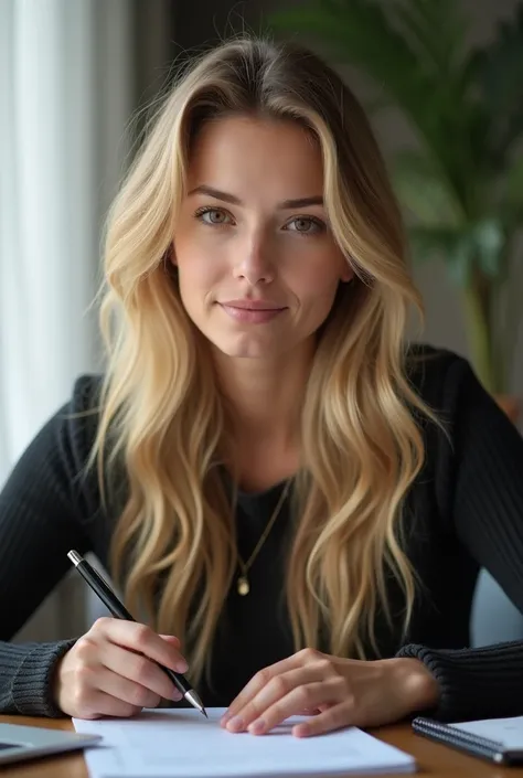 Jeune femme blonde, 26 ans, de type européen assise à son bureau, aux yeux bruns de très bonne qualité avec une excellente résolution 4K, naturelle, légère marque sur le visage