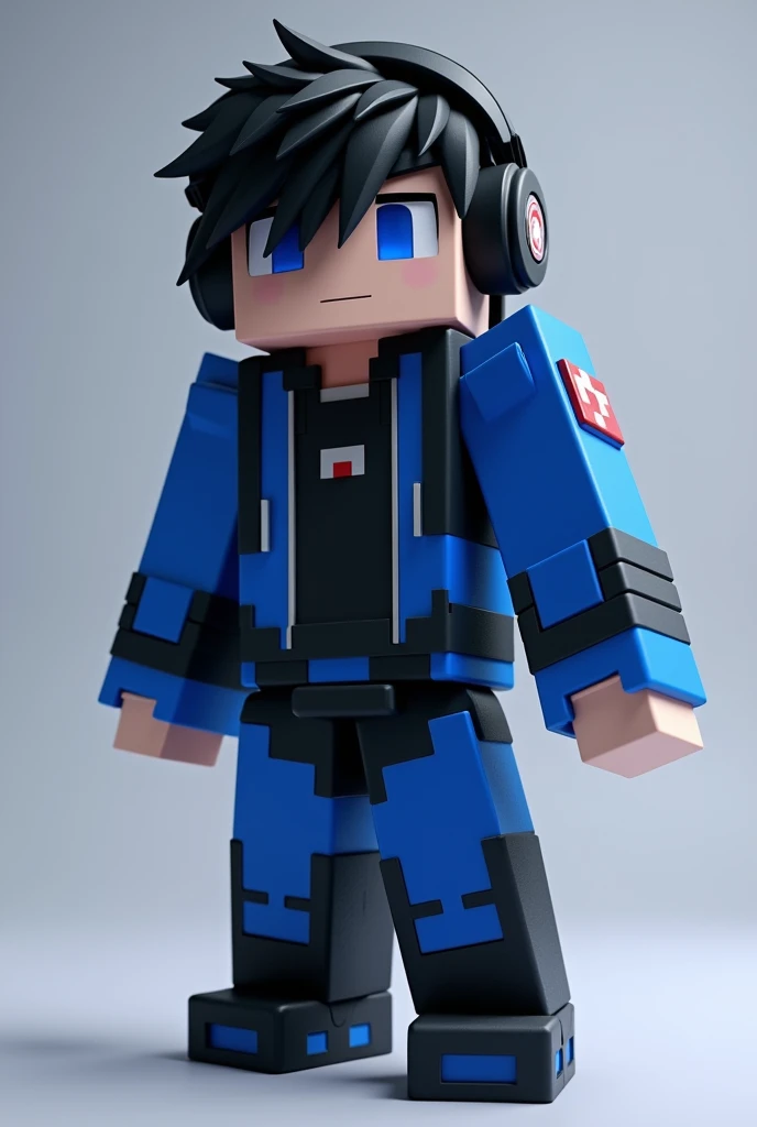 A Minecraft skin Blue and black color wearing black mike and headphone has black hair 