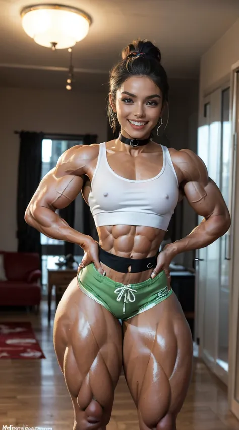 (Muscular:2.2), (thick thighs:2.1), 
(ebony.plus),
earrings, eyeshadow, lipstick,
detailed eyes, (big smile:1.5), detailed skin,
(hard nipples:1.2),
(choker, tanktop, midriff, pajama shorts:1.5),
(upper body view), three quarter view, (looking at viewer),
...