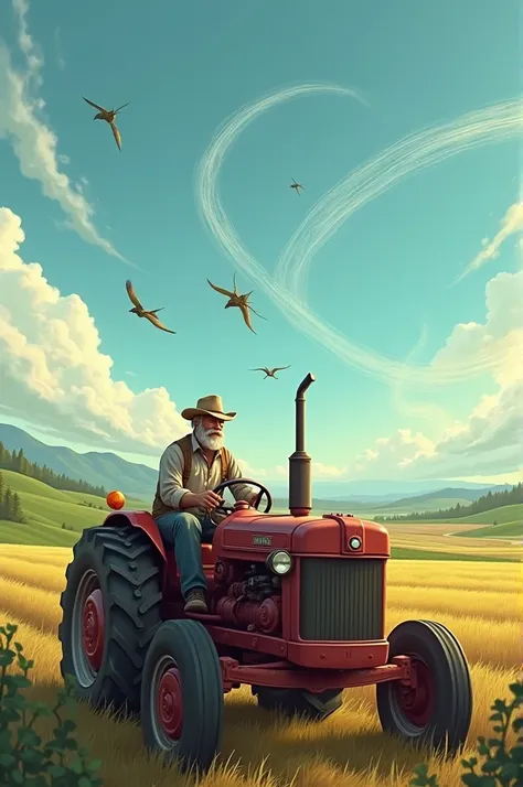 Tractor driver and fly track in sky