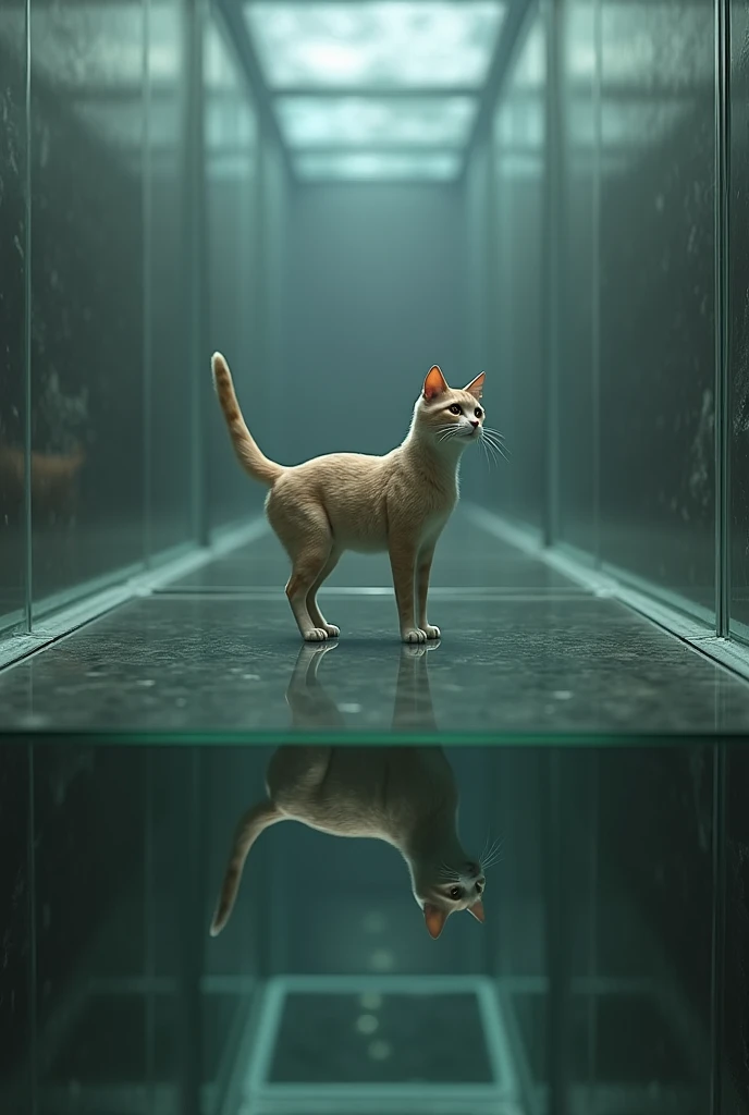 Gernate a cat that standing on the glass underground room
