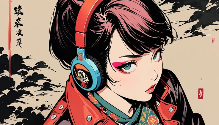 (((Ink Painting))), (((from above))), (((1 female))), (((Leather jacket with Japanese patterns))), (((punk))), (((Very flashy makeup))), Japanese style headphones, face close-up, front view, Japan人の美少女, Black Hair, Delicate and precise, Modern ukiyo-e styl...