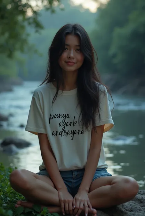 A woman wearing a shirt that says "punya ayank Andrayana", sitting on a rock near the river in the twilight atmosphere, look at the camera