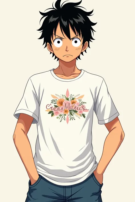 I want an image of Luffy from One Peace with a white short-sleeved t-shirt that has the creamiss logo by mislanis cortes 