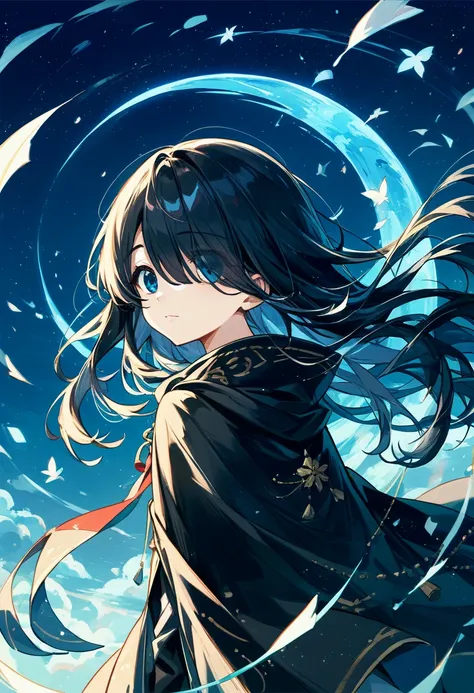 eyes visible through hair / bangs,(hair over one eyes),Long Black Hair、(Beautiful Blue Eyes),Cute Girls、Wearing a black cloak、Hair fluttering in the wind in the night sky,Masterpiece