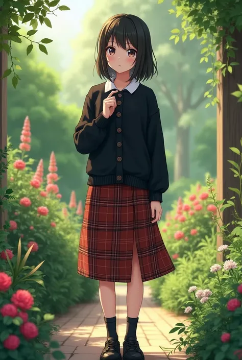 seventeen year old young girl with bright but wise eyes in a black long-sleeved sweater with a white collar and brown buttons, a mid calf plaid skirt that splits from the knee, black socks, and black shoes. in a garden