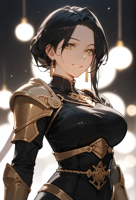 score_9,score_8_up,score_7_up,source_anime,year 2023,1girl,(mature woman),solo,gold and black theme,strong picture,upper body,warm smile,long black hair,black dress,armor,{{{delicate and beautiful golden eye}}},underlighting,bokeh,blurry background,strong ...