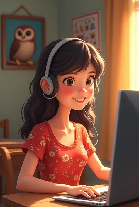 girl working on a computer, headset on, happy face. Great mood. Red dress with flowers print. Home environment. In the background is a portrait of an owl