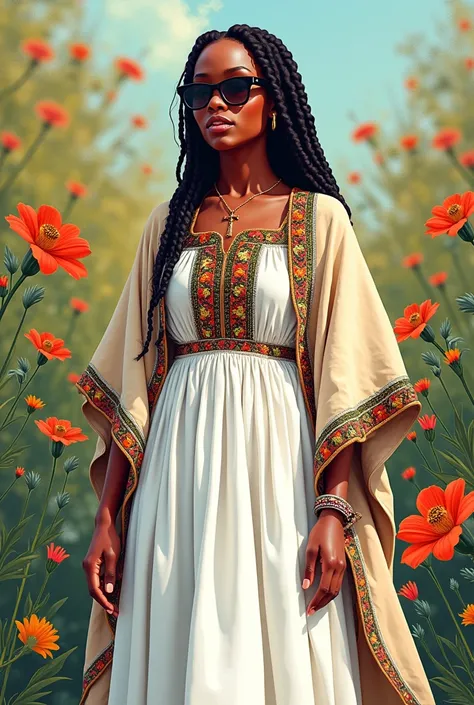 Full body, water colors, ink drawing, beautiful cyberpunk Ethiopian habesha woman, wearing smart digital sunglasses, clean defined delicate features, stylish,Create a photorealistic image of an Ethiopian woman wearing a traditional Habesha kemis. The dress...