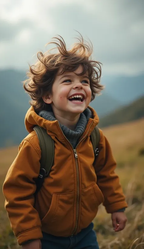 Create UHD photorealistic realistic photo, no animation, no 3D image, no Pixar style animation, no extra fingers. 30-month-old French-Celtic boy named Maël, hair tousled by the wind, laughing on a windy hilltop. Sony A1 with 35mm f/1.4 lens. Dramatic natur...