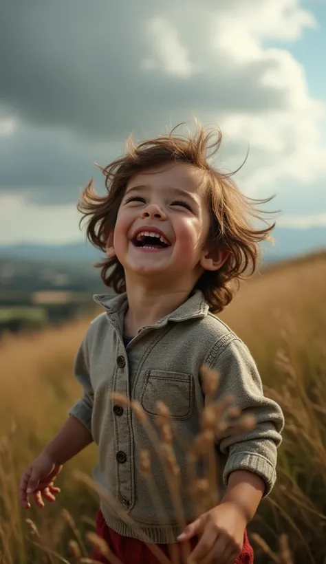 Create UHD photorealistic realistic photo, no animation, no 3D image, no Pixar style animation, no extra fingers. 30-month-old French-Celtic boy named Maël, hair tousled by the wind, laughing on a windy hilltop. Sony A1 with 35mm f/1.4 lens. Dramatic natur...