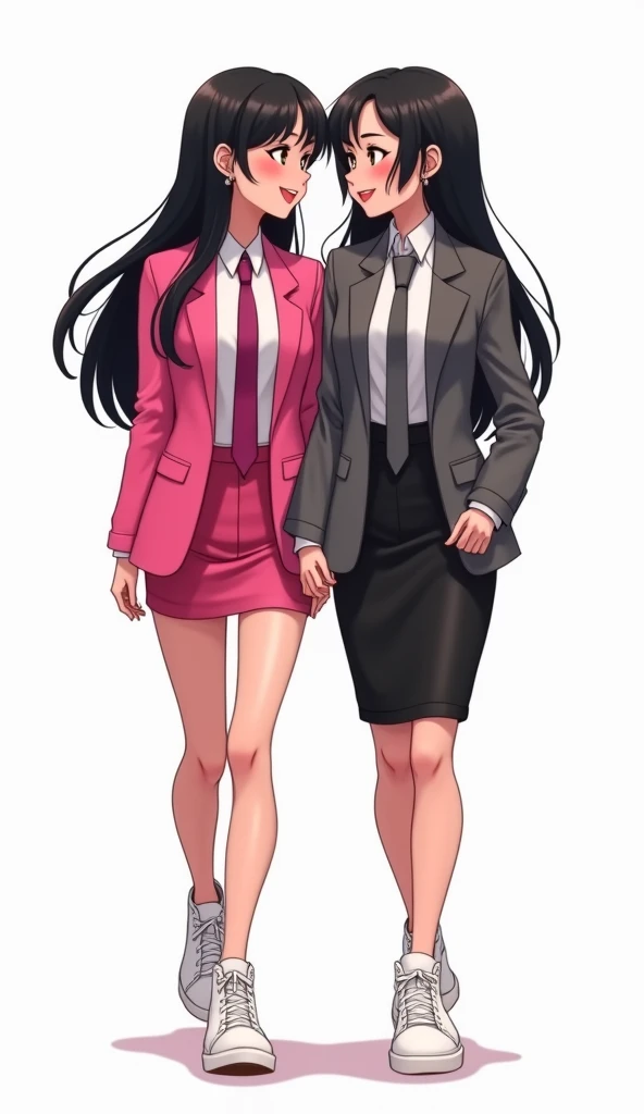 Two girls, long black hairs, yuri, same height, lesbian.

The first girl wear a hot pink suit jacket, white shirt, magenta necktie, black pencil skirt, black underpants, white socks, white sneakers high top.

The second girl wore a grey suit jacket, white ...