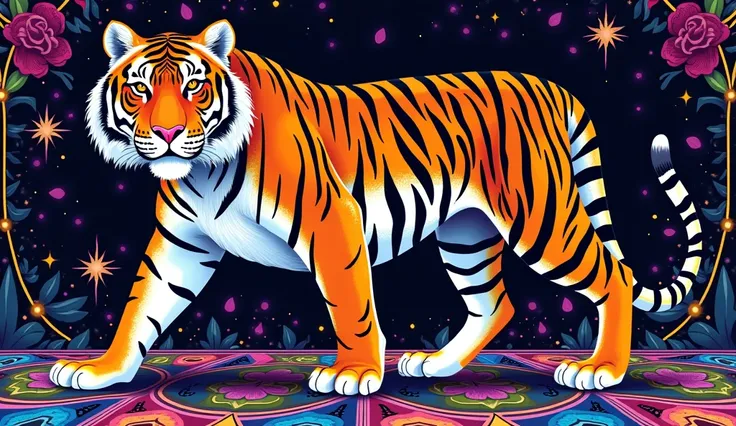 a colorful, a tiger standing on top of a black background, tiger detailed, art nouveau Klimt inspired, full body, face detailed,  high contrast coloring, coloured with lots of colour, coloring book page, psychedelic, colouring colored in, perfect coloring,...