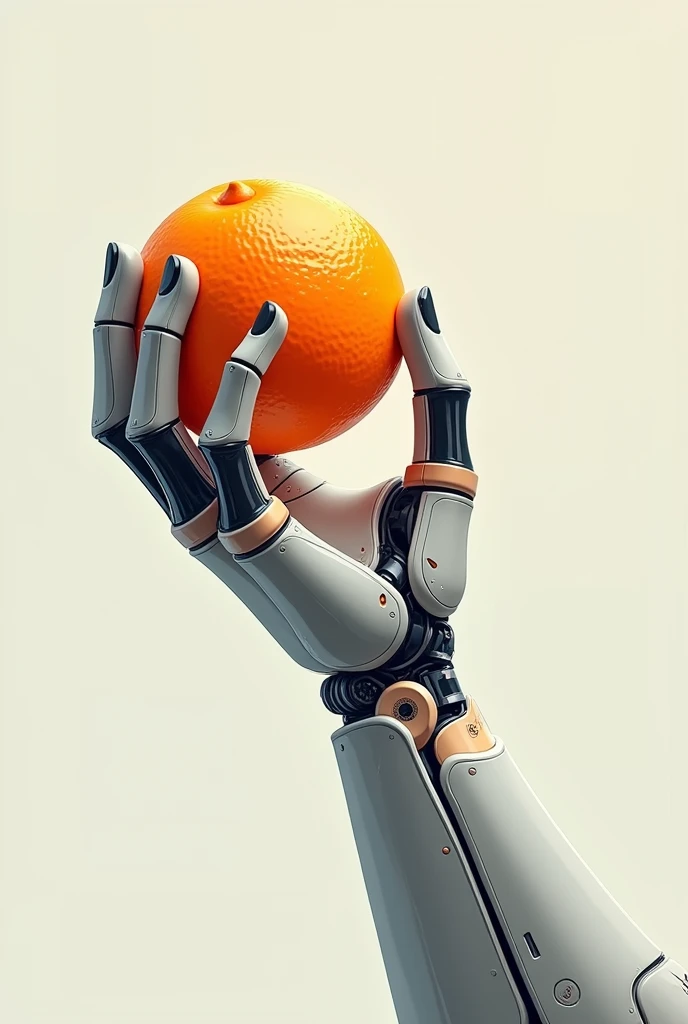 Visual Concept, bionic arm, robotic parts and skin tissue, Focus on the arm, hand with the movement of grabbing an orange, design vectorial, Book cover illustration
