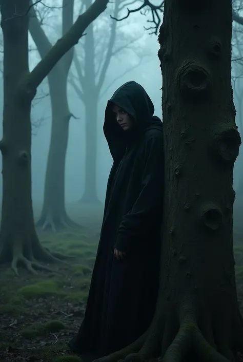 woman covered in a cloak, observing, hidden in the fog in the middle of the forest, behind a tree. chilling feeling of fear