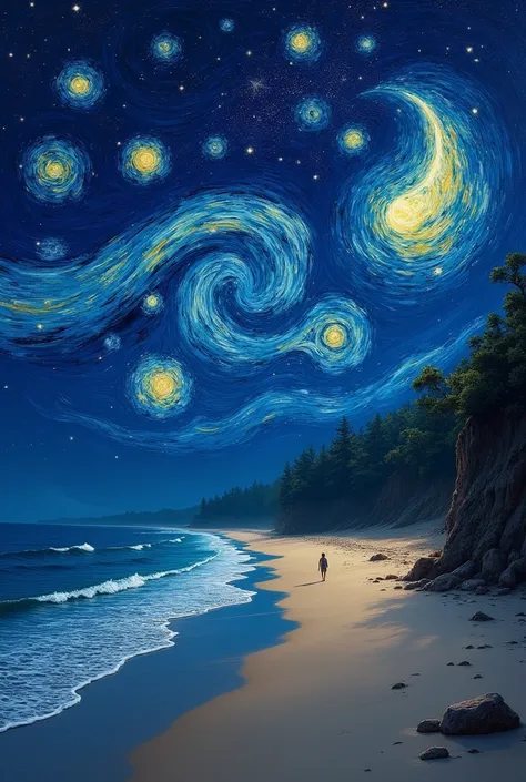 Starry night by van Gogh with beach more realistic and night time
