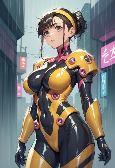 high quality, Very detailed, Perfect Face, rain_Mikmura, Pink and black bodysuit, Black leotard, Short brown hair, Yellow headband, Yellow shoulder armor, (Very glossy latex), Black gloves, Large Breasts, Cyberpunk Background