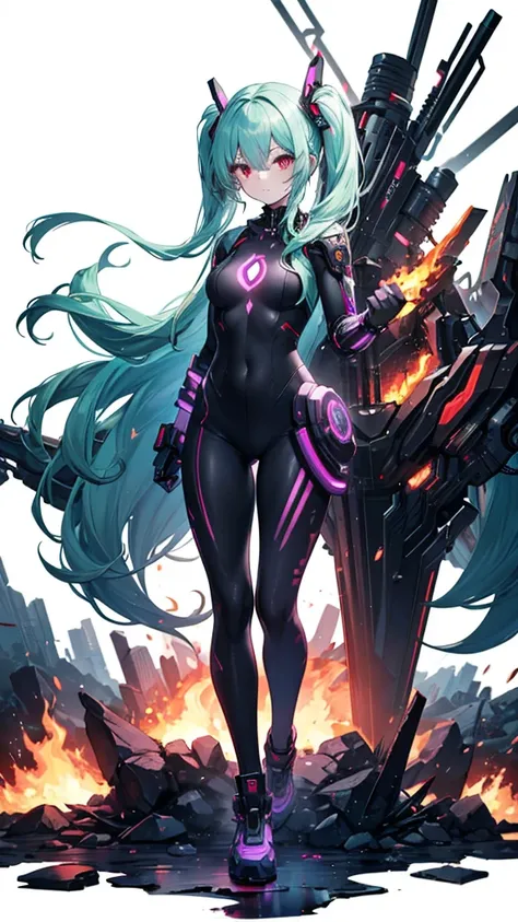 (Tabletop), (Perfect athletic body:1.2), Anime Style, whole body, Cyberpunk Girl, Sea green twin hairstyle with red eyes, Wearing a Cyber Costume, Black and Purple Flaming Fist, Burnt mechanical limbs, Standing in the Wilderness, Flame burning in the chest...