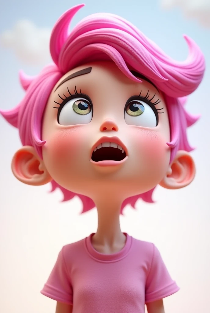 3D Cartoon of a Pink Haired Girl Showing an Intense Look Up Gesture