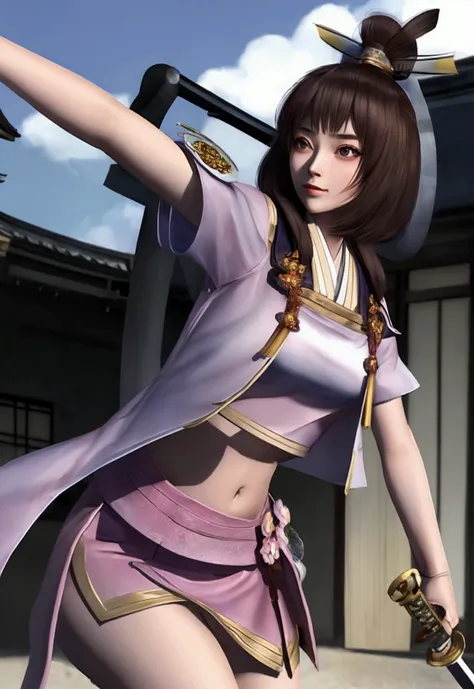 Ronin girl, croptop showing navel, sword, japanese hat