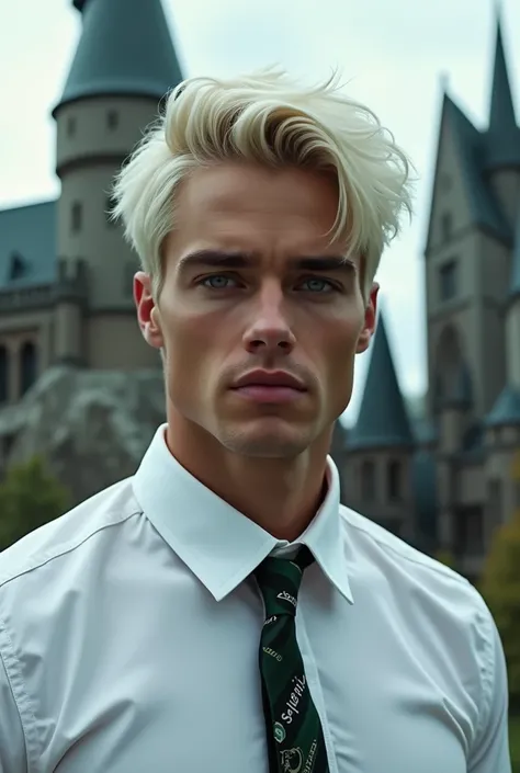 Very handsome 30 years young man, face claim Matt Bomer, white-blonde hair , light blue-grey eyes, dressed in white button up shirt and Slytherin tie, background of Hogwarts castle. Detailed realistic lifelike photograph headshot