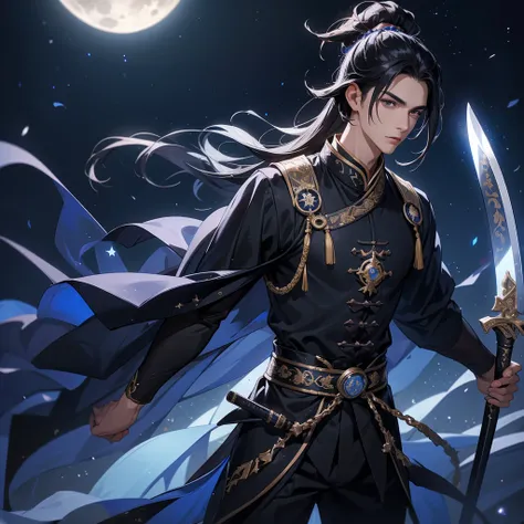 A Handsome black-hair male holding a large sword in an ancient chinese costume, Background is a dark night, with moonlight and millions of stars, twinkling everywhere, with blue light close up.