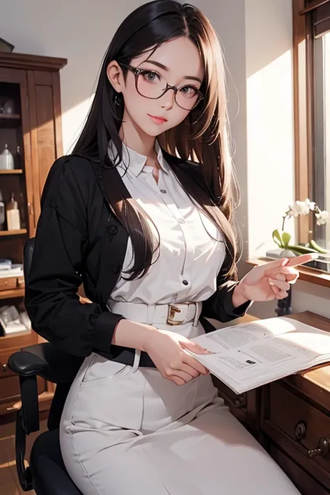 highest quality、masterpiece、high sensitivity、high resolution、detailed description、slender women、glasses、beautician、