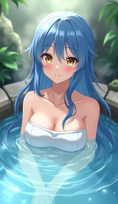 Rimuru Tempest, in his human form that resembles Shizue Izawa, is enjoying a peaceful soak in a natural hot spring. His blue hair, slightly longer and reaching past his shoulders, frames his soft, feminine face with gentle waves. Rimuru’s golden eyes refle...