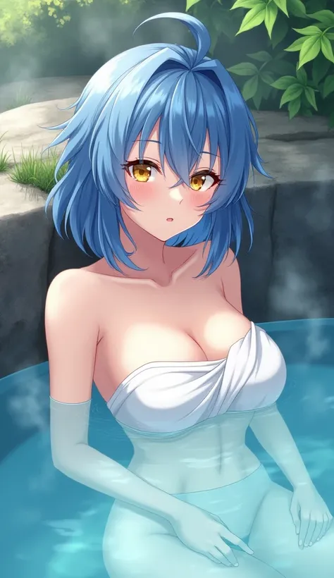 Rimuru Tempest, in his human form that resembles Shizue Izawa, is enjoying a peaceful soak in a natural hot spring. His blue hair, slightly longer and reaching past his shoulders, frames his soft, feminine face with gentle waves. Rimuru’s golden eyes refle...