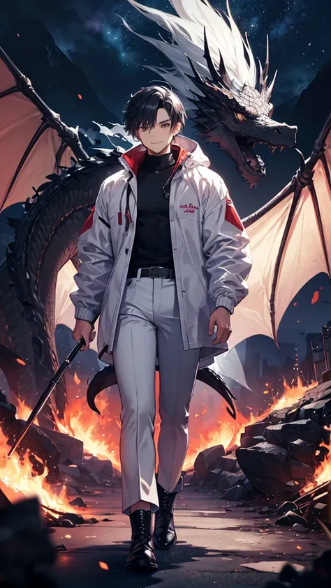 Muscular man, alone, a white windbreaker, White trousers, Gray Hair, Black hair, Japanese-looking man, Dragon Horn, purple military boots, Wicked Smile, Dark brown eyes, Fantastic landscape, walking through a fire of darkness.