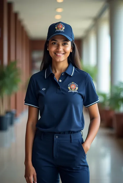 Create a realistic image of a person wearing the "Faculty of Management Studies, Sabaragamuwa University of Sri Lanka" polo shirt in a navy blue and white color scheme. The person should be standing in a modern, university-like setting, such as a library o...