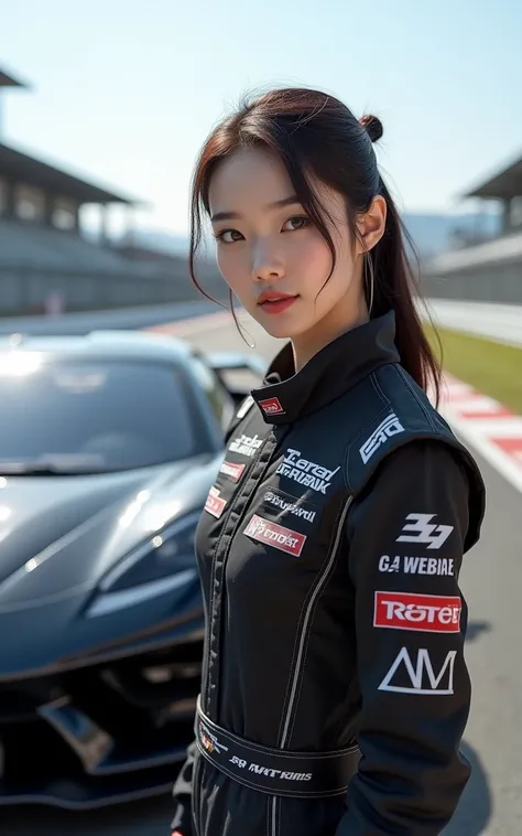 Ultra-high resolution，High-resolution details，Photo real, , (1 Korean female athlete，Super beautiful，Super white face),Black supercar，Professional racing suits（Half-length photo）Professional track，Cool pose