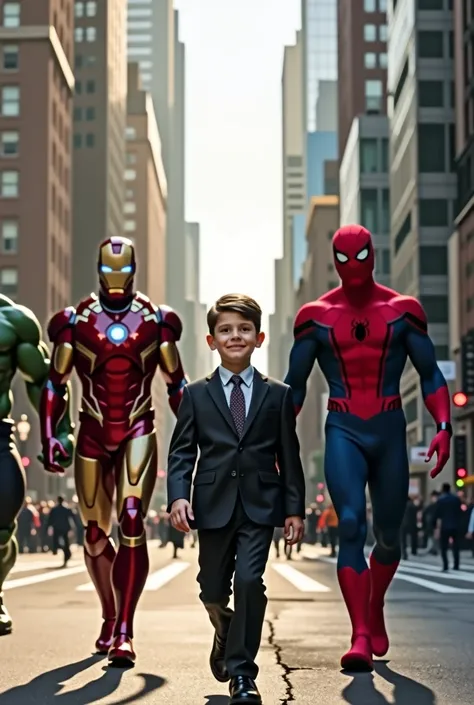 A boy wearing a suit, tie, and shoes walks through the majestic city center and is escorted by Iron Man, Spiderman, and the Hulk.